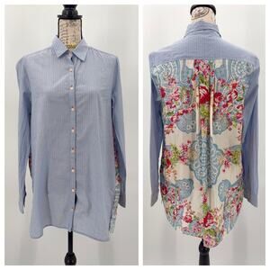 B43 Johnny Was Cotton Silk Floral Shirt Blouse Small Blue Striped Boho Preppy